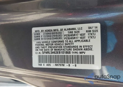 2014 Honda Odyssey Ex-L z USA, uszkodzony, nr VIN 5FNRL5H63EB101868